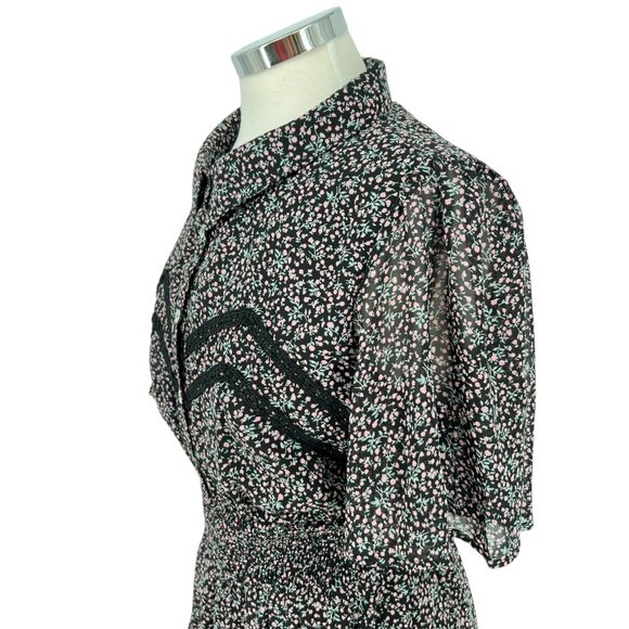 Very J Floral Sheer Shirt Dress Short Flutter Sleeve Mini Length Size Medium - Picture 4 of 13
